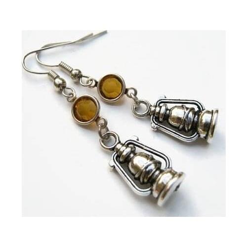 Lantern birthstone earrings, camping charm earrings, birthstone crystal, kerosene lantern earrings, camp lantern