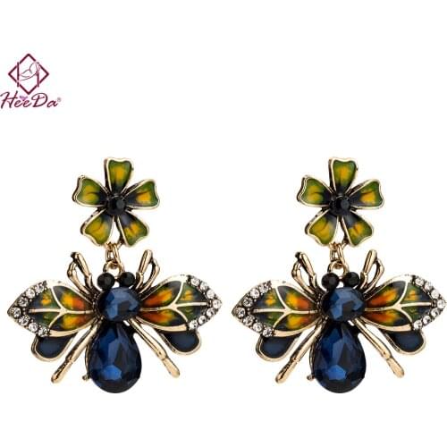 Heeda Kpop Big Name Flower Bee Metal Epoxy Blue Crystal Stud Earring Women Vintage Graceful Ear Accessories Fashion Lady Jewelry