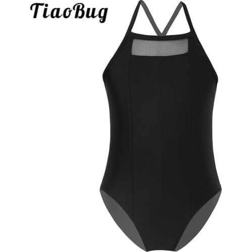 TiaoBug Kids Dance Wear Black Sleeveless Transparent Mesh Splice Bodysuit Yoga Gymnastics Costume Children Girls Ballet Leotard