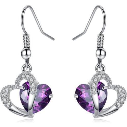 WANGAIYAO Love Heart Shaped Amethyst Crystal Earrings Girlfriend Birthday Valentines Day Holiday Gift Copper Plated White Gold