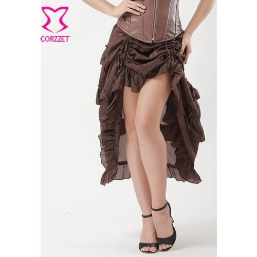 Victorian Brown Front Short Back Long Asymmetrical Ruffle Steampunk Skirt Plus Size Gothic Clothing Vintage Skirts For Women 6XL