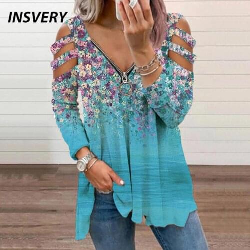 Women Vintage Print T-shirt V Neck Long Sleeve Hollow Out Oversize Tops Spring Autumn Loose Tee Fashion Women Shirt Plus Size