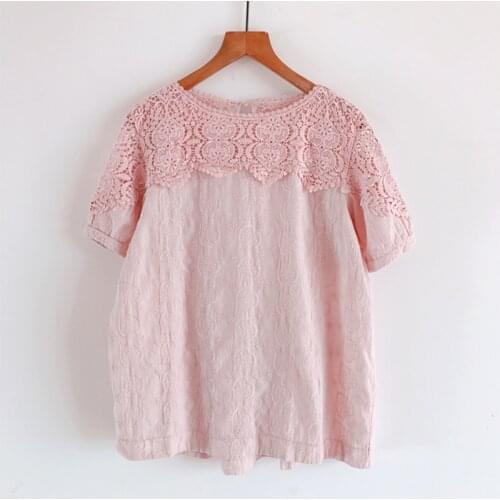 Lamtrip Hearted Pattern Embroidery Hollow Out Lace Patchwork Short Sleeve 4 Colors Cotton Tee T-Shirt Women Retro