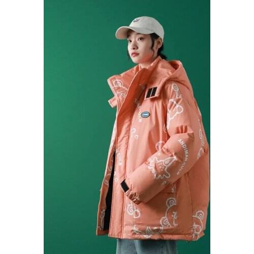 2021 Winter Bear Print Cotton Coat Women Korean Loose Down Cotton Parka Jacket Student Hooded Cotton Jacket Woman Casual Outwear