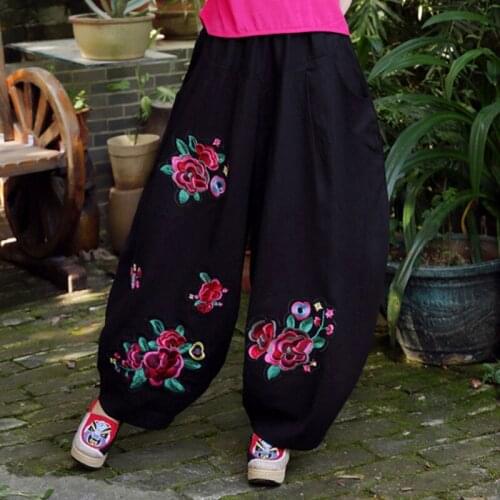 Women Cotton Linen Embroidered Long Wide Leg Pants Ropa Harajuku Vintage Casual Plus Size Pantalones De Mujer Trousers Clothing