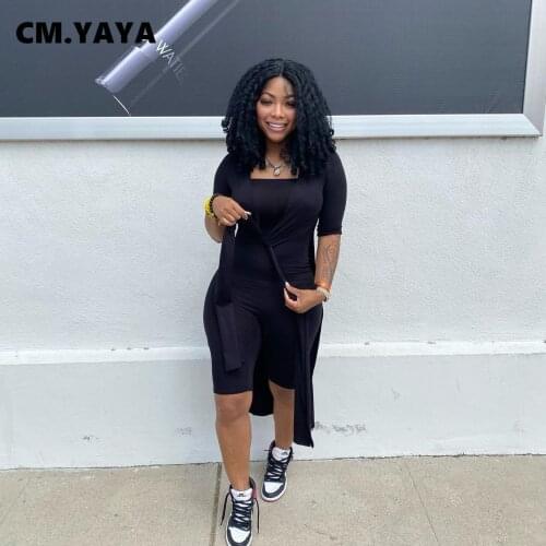 CM.YAYA Women Set Solid Strechy Playsuit Half Sleeve Splited Long Cloak Two 2 Piece Set Active Tracksuit Fashion Outfits Summer