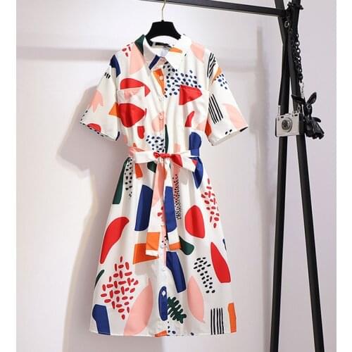 Women Plus Size Chiffon Print Shirt Dress 2020 New Summer Vintage Slim Thin Elegant Short Sleeve Ladies Mid-length Dress 2XL-6XL
