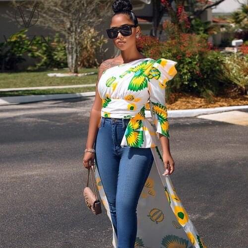 VAZN European and American Womens Spring Fashion Trend Print Shirt Irregular Long Swing Slanting Shoulder Casual Dress