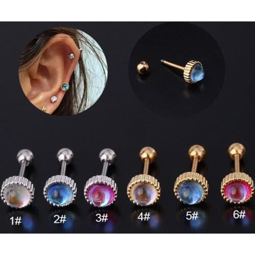1PC Trendy Rainbow Round Moonstone Stud Earrings for Women Ear Nail Nose Piercing Screw Helix Cartilage Tragus Body Jewelry