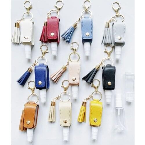 2021 Portable Hand Sanitizer holder Leather Key chain 30ml Bottle Volume free Health Keyring Tassel Disinfectant PU Leather Case