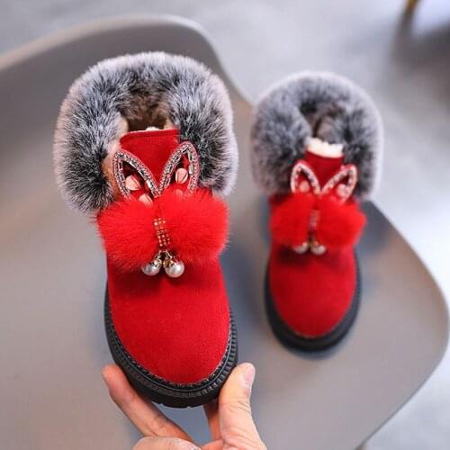 Child Warm Plush Shoes Girl Fashion Pom Pom Boots 2020 Winter Pointed Toe Flock Ankle Boots Kids Antislip Casual Shoes 21-30