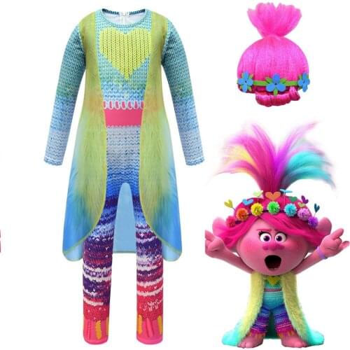 Kids Trolls Halloween Costume Bodysuit Cartoon Jumpsuit Girls Wedding Evening Party Trolls Costumes Children Clothing Cloak Wig