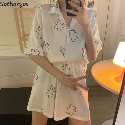 Summer Sweet Pajama Sets for Women Cartoon Bear Printed Cardigans Loose Simple Korean Stylish Cute Sleepwear Ladies Chic Leisure