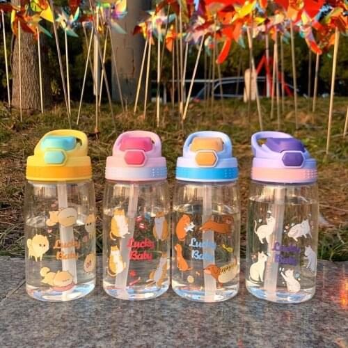 Summer Mens and Womens Plastic Handy Cup Cartoon Style Transparent Water Cup with Straw Portable Bouncing Water Cup