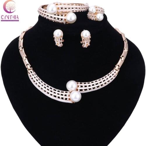 New Necklace Earrings Bangle Ring Gold Color Jewelry Set For Women Simulated Pearl Vintage Bridal Wedding Crystal Accessories