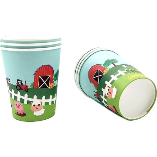 6pcs Disposable One-off Paper Cup Glass For Boy Kid Child Farm Animals Cow Piggy Sheep Tractor Birthday Party Supplies Tableware