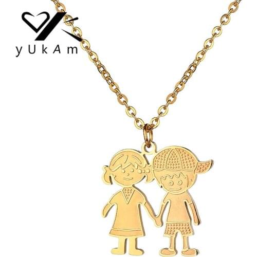 YUKAM Gold Color Stainless Steel Cartoon Family Friendship Lover Boys Girls Pendants Necklaces Son Daughter Choker Collier Femme