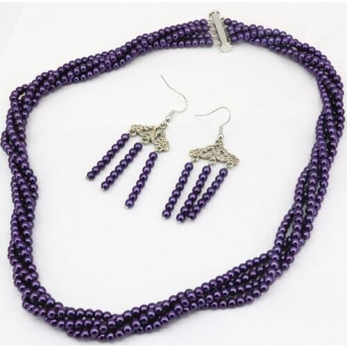 Multicolor simulated-pearl shell beads 4mm 4 rows necklace dangle earrings for women round beads chain jewelry set 18" B3459