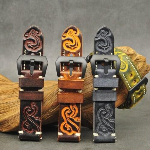 Carving Watch Strap Watch Band Handmade Stitched Embossed Watchband Stainless Steel Brush Buckle for Men 18mm 20mm 22mm 24mm