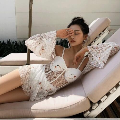 Sexy Mesh Push Up One Piece Swimsuit Women 2020 Halter Cut Out Skirt Monokini Ladies Long Sleeve Bathing Suit Swimwear Trikini