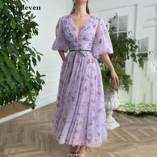 Smileven Summer Prtinting Flowers Short Prom Dresses Ankle Length Puff Sleeve Evening Gowns Sexy V Neck Prom Party Gowns