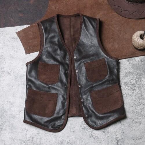 Vintage Western Cowboy Leather Vest Mens Genuine Leather Sleeveless Jackets Handmade 100% Cowhide Waistcoat Asian Size S-3XL