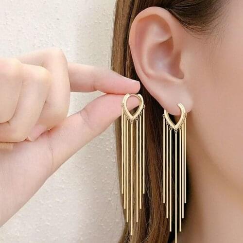 Vintage Gold Color Bar Long Thread Tassel Drop Earrings For Women Glossy Arc Geometric Korean Fashion Jewelry Dropshipping 2021