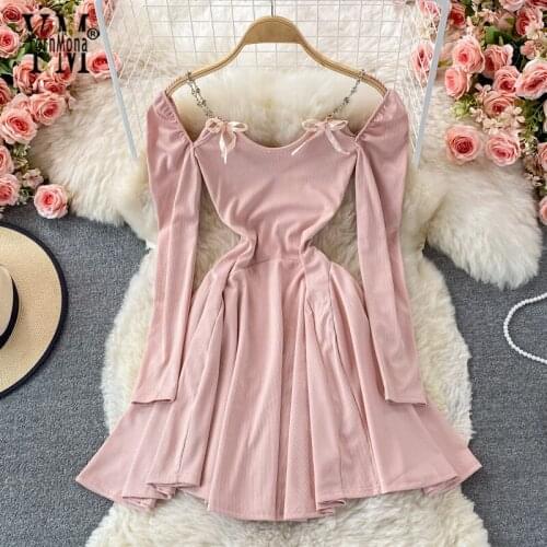YornMona Black Pink Knitted Ribbed Mini Dress for Women Square Collar Elegant Korean Bow Chains Slim Waist A-line Party Dress