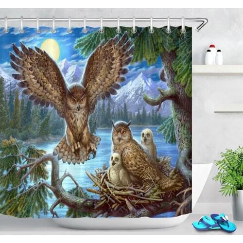 Night Fir Tree Forest Animals Owl Printing Shower Curtain Art Bathroom Decor Owl Family Polyester Waterproof Fabric Bath Curtain