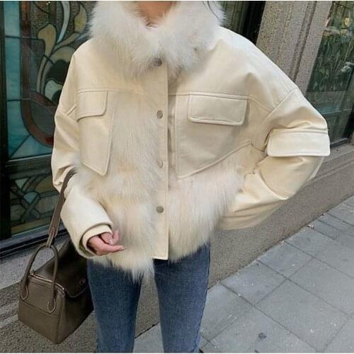 2021 Women Winter Faux Fox Fur Jacket Female Stand Collar Long Sleeve Faux Leather Jacket pele fake fluffy jacket