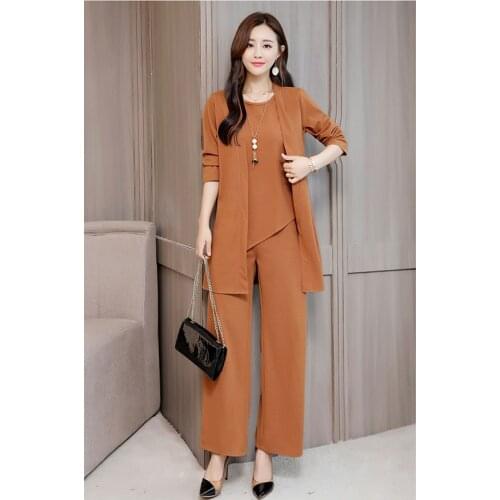 Foreign gas large size womens autumn new solid color round neck suit loose thin autumn wide leg pants three-piece A269