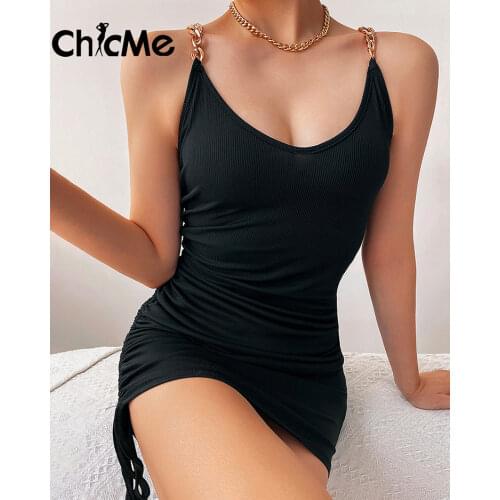 Chicme Women Mini Chain Strap Drawstring Ruched Bodycon Dress Sleeveless Ribbed O-neck Sexy Night Clubwear 2021 Slim Casual Vest
