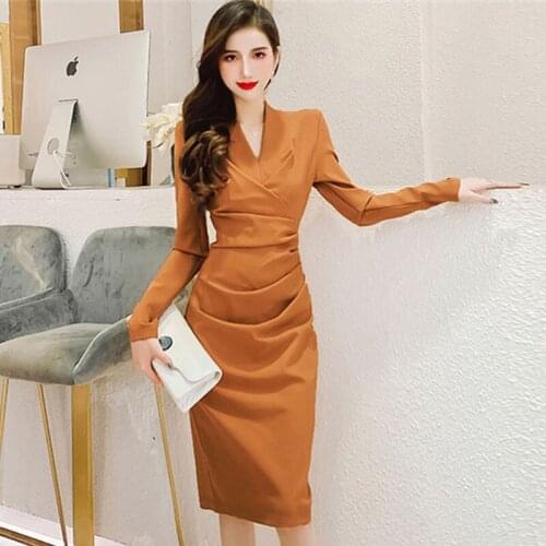 Korea New Fashion 2021 Women Spring V-Neck Thick Cotton Long Sleeve Folds Solid Color Office Elegant Knee-length Dress