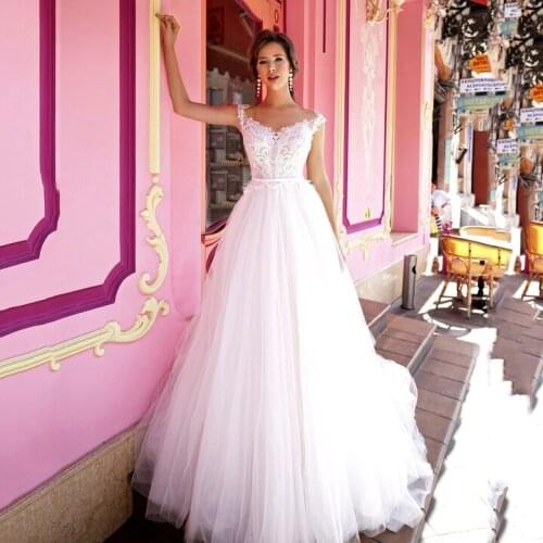 Thinyfull Boho Wedding Dress Tulle A Line Sheer Illusion Neck Bride Dress With Lace Appliques Vestido De Novia 2020