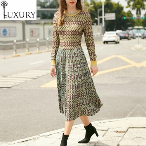 Knitted High 2020 Quality Spring Women Lurex Knitting Flower Patterns Long Sleeve Mid-Calf Casual Sweater Dress Female