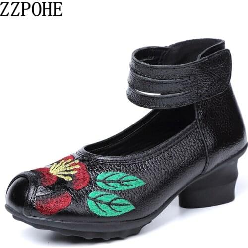 ZZPOHE Spring Autumn New Woman Shoes Womens Genuine Leather Shoes Ladies Handmade chinese ethnic style Non-slip Soft pumps