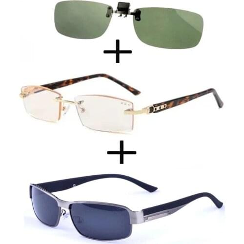 3Pcs!!! Titanium Gentleman Diamond Cut Reading Glasses Men Women + Alloy Polarized Sunglasses High Quality + Sunglasses Clip