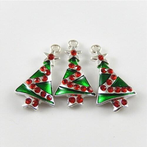 5pieces)Enamel Tree Necklace Pendant Alloy Crystal Christmas Dec Jewelry Hanger Bracelet Charms 27*15mm Handmade Craft 52423