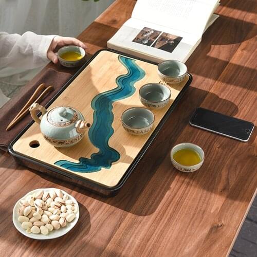 Chinese Style Resin River Design Bamboo Tea Tray For Office House Tea Room Use Round Square Shape Small Tea Pot