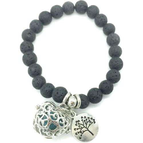 Simple Style Black Lava Beads with Small Charm and Openable DIY Locket Pendant Essential Oil Diffuser beaded Bracelet