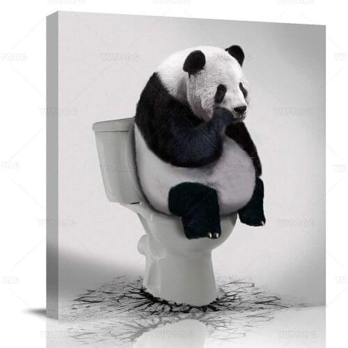 Bathroom Decor Canvas Wall Art Framed Wall Decoration Funny Animal Gallery Decor Print Panda Thinker on Toilet Picture Artwork