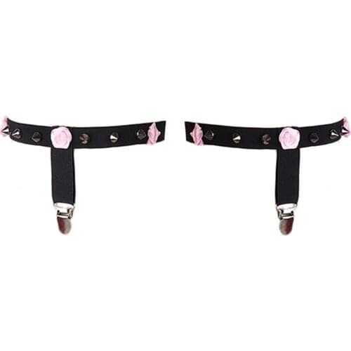 JLX.HARNESS Pink Flower Garter Kawaii Wedding Stockings Garter Belt Sexy Rivet Bondage Leg Harness Gothic Lingerie Body Harness