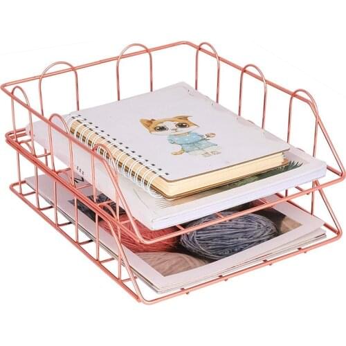 1 Set Of 2 Office Supplies Metal Stackable File Document Letter Tray Organizer, Rose Gold