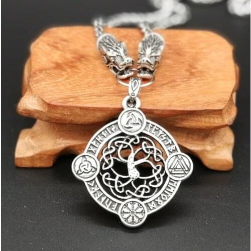 Vintage Nordic Wolf Head Tree Pendant Viking Rune Wicca Amulet Mens Necklace