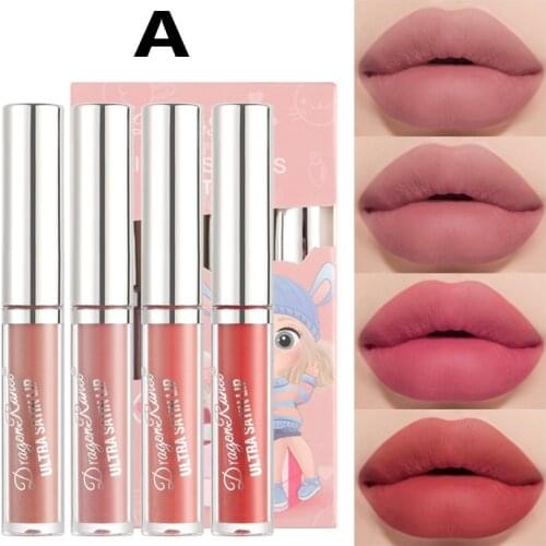 4pcs/set Of Matte Lip Gloss Set Velvet Lipstick Non-fading Non-stick Cup Lasting Lip Glaze Sexy Lip Makeup Cosmetics TSLM1