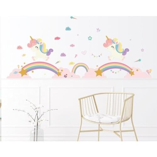 Nordic Ins Rainbow Cloud Unicorn Wall Sticker Childrens Baby Bedroom Wallpaper Kindergarten Self-adhesive Painting Wall Mural