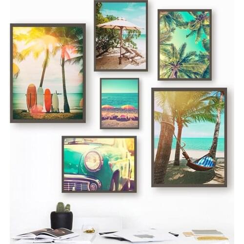 Beach Surfboard Coconut Tree Hammock Car Wall Art Canvas Painting Nordic Posters And Prints Wall Pictures For Living Room Decor
