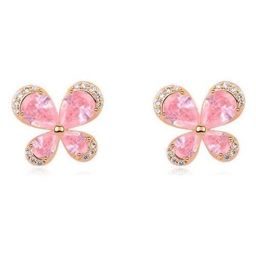 Pink CZ Crystal Butterfly Design Earring Studs Color Elegant Fashion Women Jewelry Girl Gifts 108