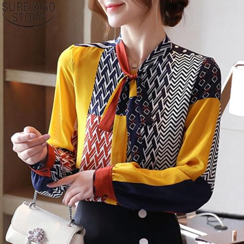 Harajuku Shirts Fashion Print Blouses Women Bow Silk Shirts 2021 Autumn Long Sleeve Shirt Women Blusas Mujer De Moda 10739