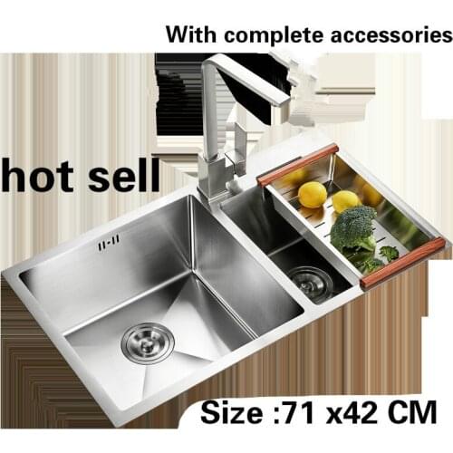 Free shipping kitchen sink manual double groove 3 mm thick food grade 304 stainless steel ordinary durable hot sell 71x42 CM